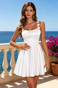 White Satin Homecoming Dress Spaghetti Straps A‑Line Short Formal Dress With Bow for Graduation Party (HW234)