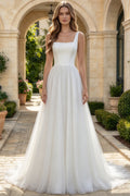 Satin Wedding Dress Open Back Flowy Tulle A Line Bridal Gown With Buttons (HW316)