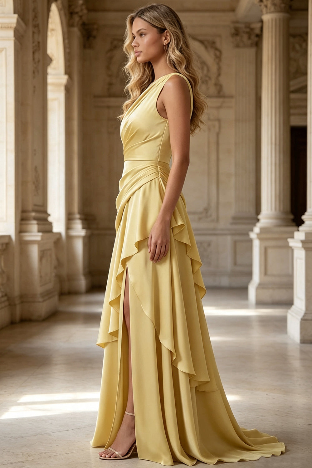 One Shoulder Satin Prom Dress Asymmetrical Draped High Slit Long Formal Wedding Guest Dress (HW159)
