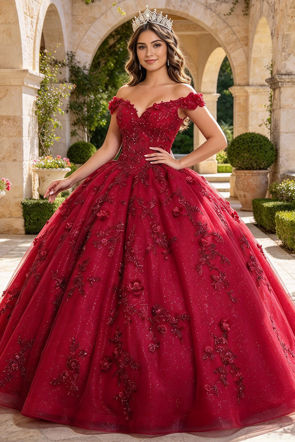 Off The Shoulder Quinceanera Dresses 3D Flower Glitter Tulle Ball Gown Sweet 16 Dress (HW342)