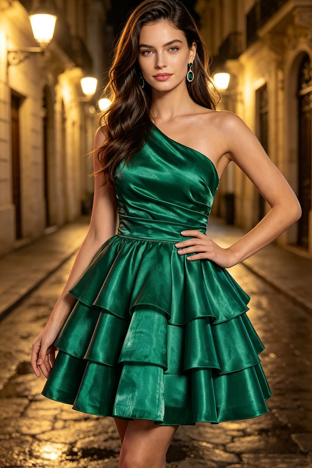 One Shoulder Satin Homecoming Dress Ruched Waist Tiered Ruffle Short Graduation Dress for Teen (HW162)