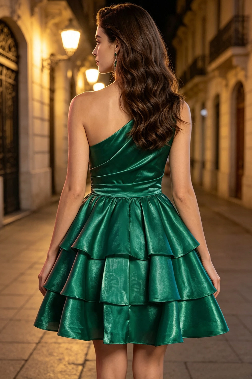 One Shoulder Satin Homecoming Dress Ruched Waist Tiered Ruffle Short Graduation Dress for Teen (HW162)