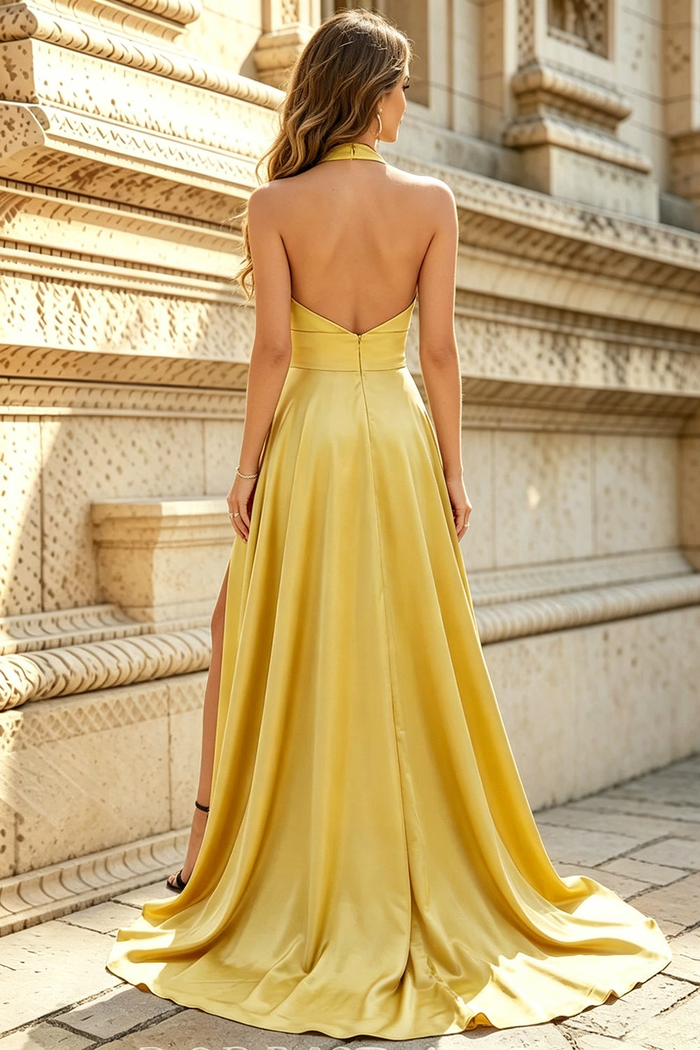 Satin A-Line Prom Dresses Slit Evening Dress Long for Women with Halter Neck (HW082)