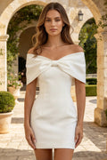 Off The Shoulder Short Wedding Dress Big Front Bow Mini Satin Bridal Dress With Button (HW325)