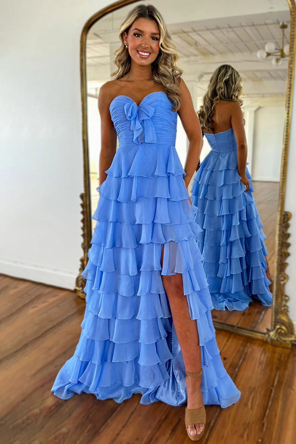 Chiffon A Line Prom Dresses for Women 2026 Strapless Flower Tiere Ruffled Formal Evening Party Dress (HW069)