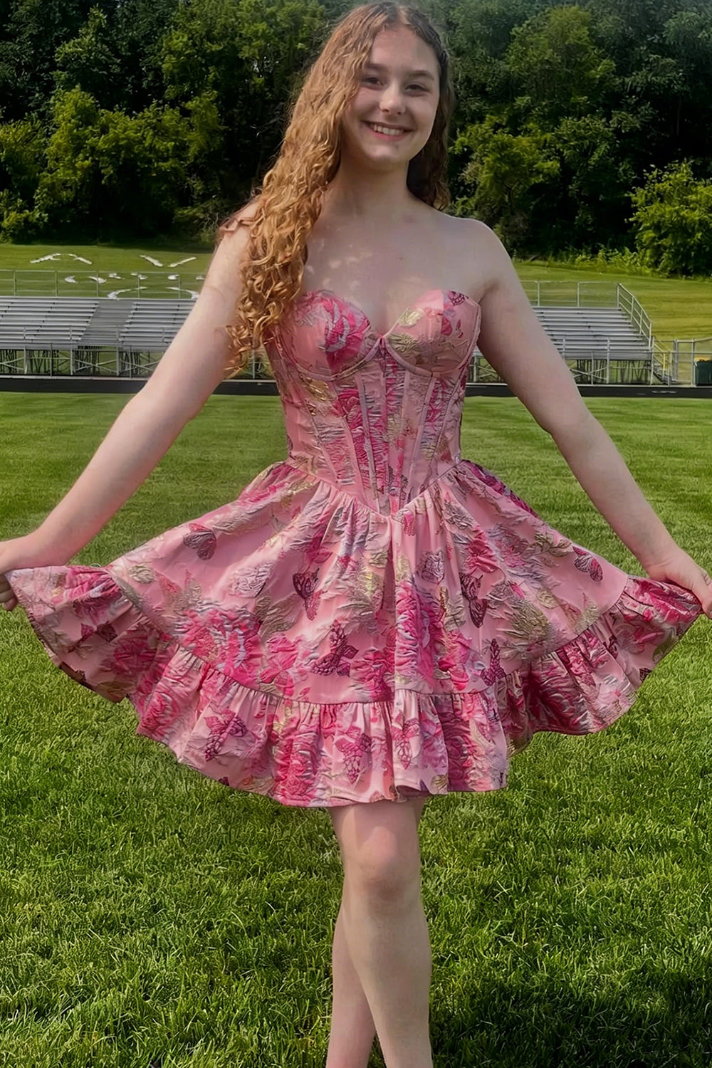 Satin Floral Corset Homecoming Dresses for Teen 2026 Mini Strapless A Line Formal Party Lace Up Graduation Dress (HW009)