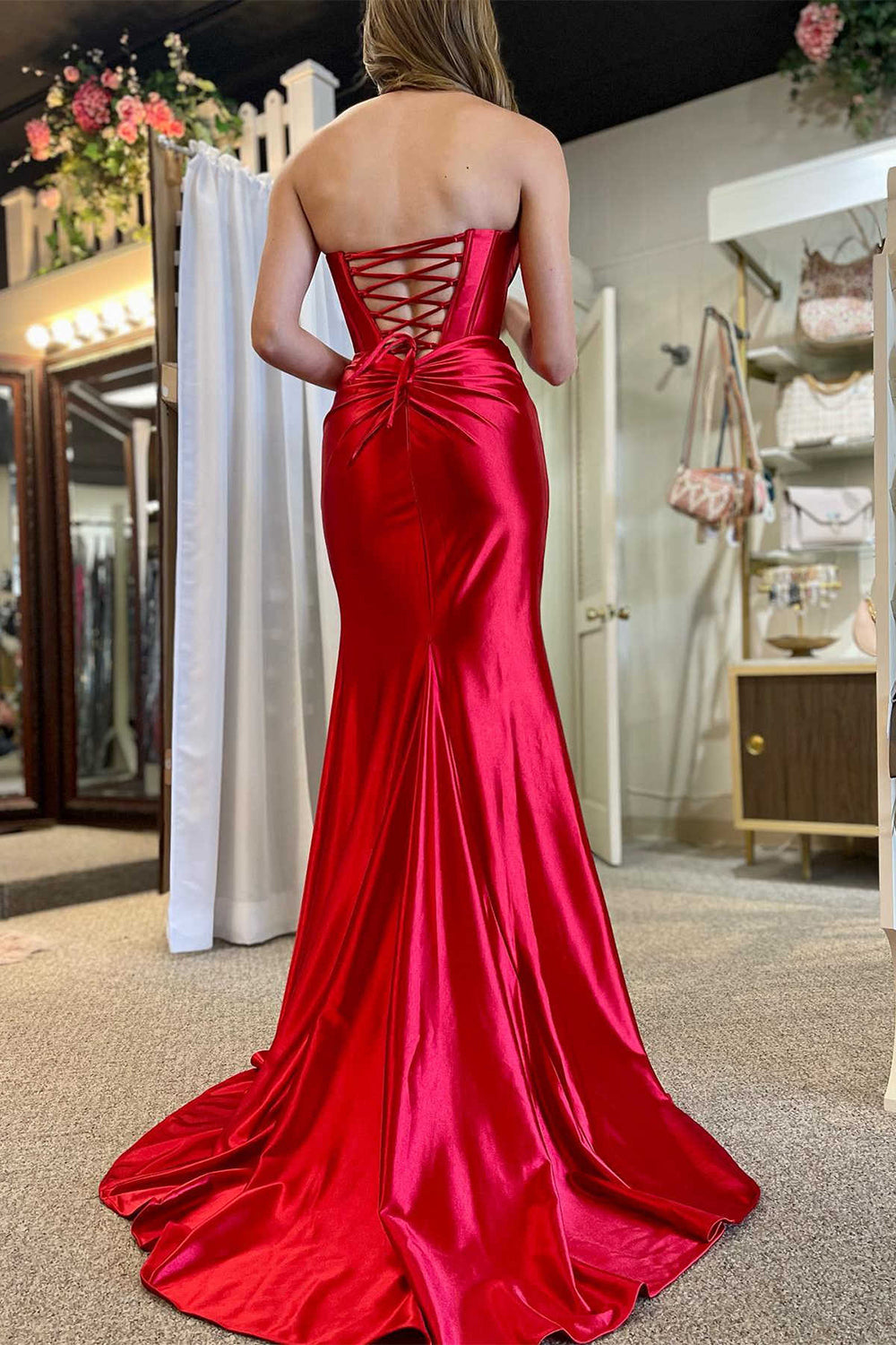 Satin Mermaid Strapless Prom Dresses with Slit Evening Dress Long for Women with Lace Up (HW058)