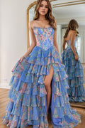 Satin Floral Corset Prom Dresses for Women Long 2026 with Slit Strapless Chiffon Tiered Ball Gown Quinceanera Dress(HW002)