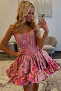 Homecoming Dress for Teen 2026 Mini Satin Floral Corset Strapless Formal Party Lace Up A Line Graduation Dresses (HW008)