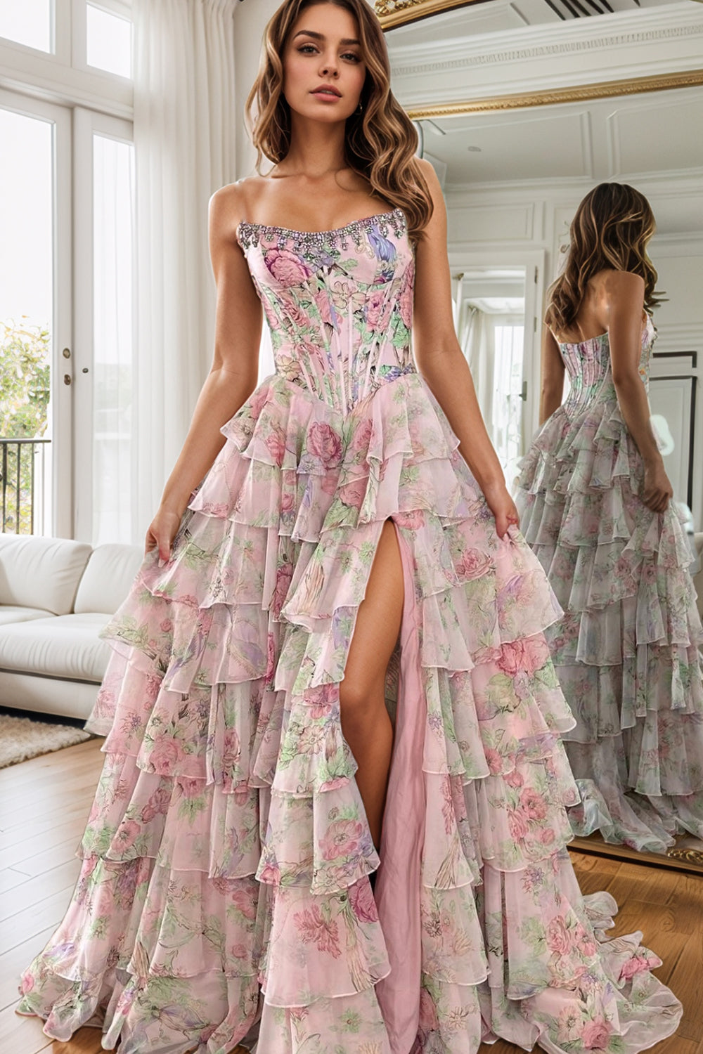 Satin Floral Corset Prom Dresses for Women Long 2026 with Slit Strapless Chiffon Tiered Ball Gown Quinceanera Dress(HW002)