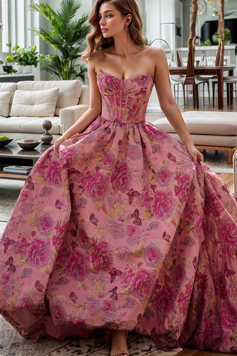 Satin Floral Corset Prom Dresses for Women Long 2026 Strapless Formal Party Lace Up Ball Gown Quinceanera Dress（HW003）