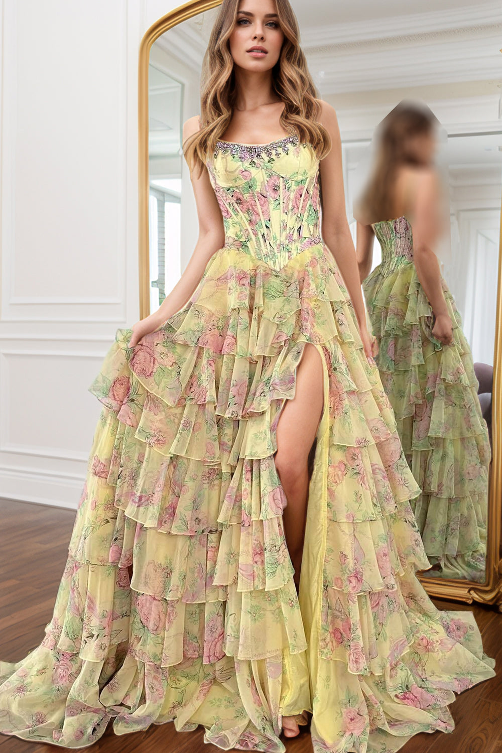 Satin Floral Corset Prom Dresses for Women Long 2026 with Slit Strapless Chiffon Tiered Ball Gown Quinceanera Dress(HW002)