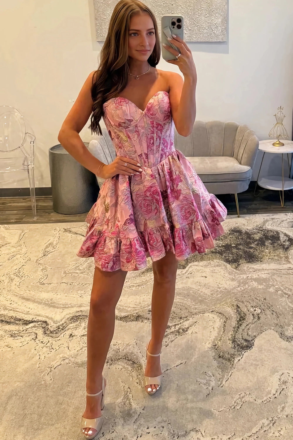 Satin Floral Corset Homecoming Dresses for Teen 2026 Mini Strapless A Line Formal Party Lace Up Graduation Dress (HW009)