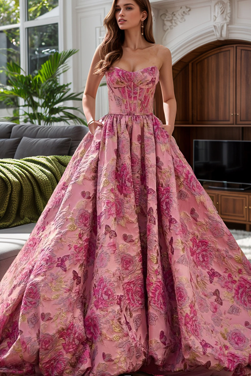 Satin Floral Corset Prom Dresses for Women Long 2026 Strapless Formal Party Lace Up Ball Gown Quinceanera Dress（HW003）