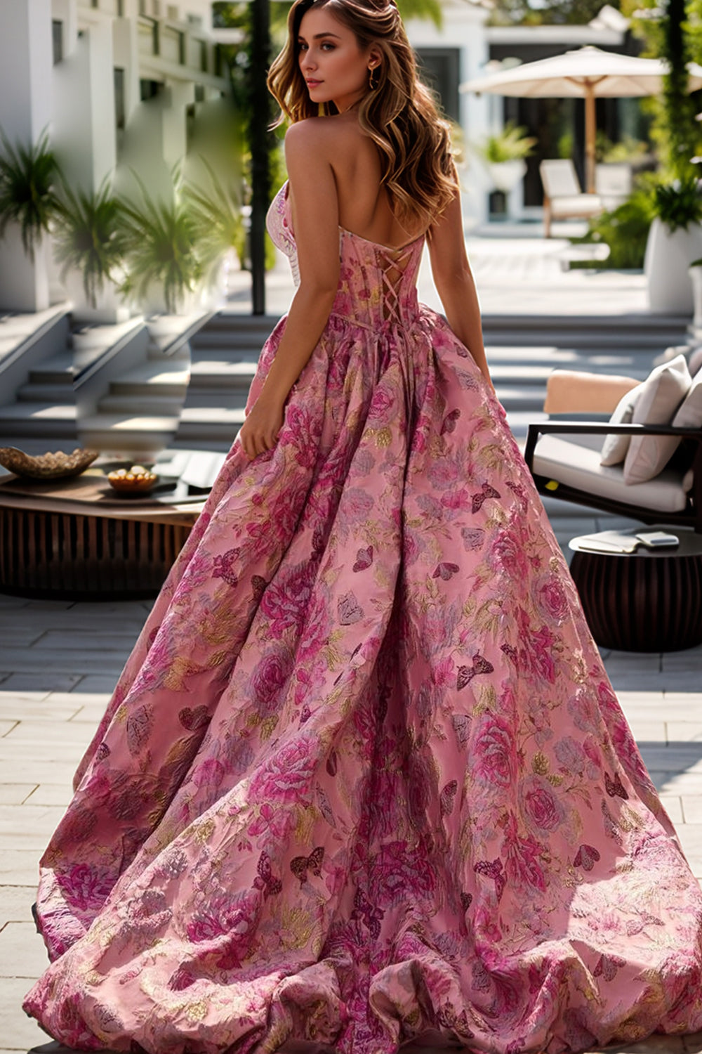 Satin Floral Corset Prom Dresses for Women Long 2026 Strapless Formal Party Lace Up Ball Gown Quinceanera Dress（HW003）