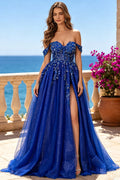 Off‑the‑Shoulder Royal Blue Glitter Tulle Prom Dress Floral Appliques Slit A‑Line Formal Ball Gown (HW242)