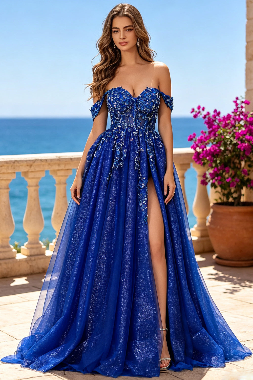 Off‑the‑Shoulder Royal Blue Glitter Tulle Prom Dress Floral Appliques Slit A‑Line Formal Ball Gown (HW242)