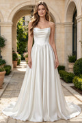 Strapless Draped Satin Wedding Dress Corset Lace Up A-Line Bridal Gown With Train (HW313)