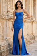 Satin Mermaid Spaghetti Straps Prom Dresses Side Slit Lace Up Evening Dress Long for Women（HW026)