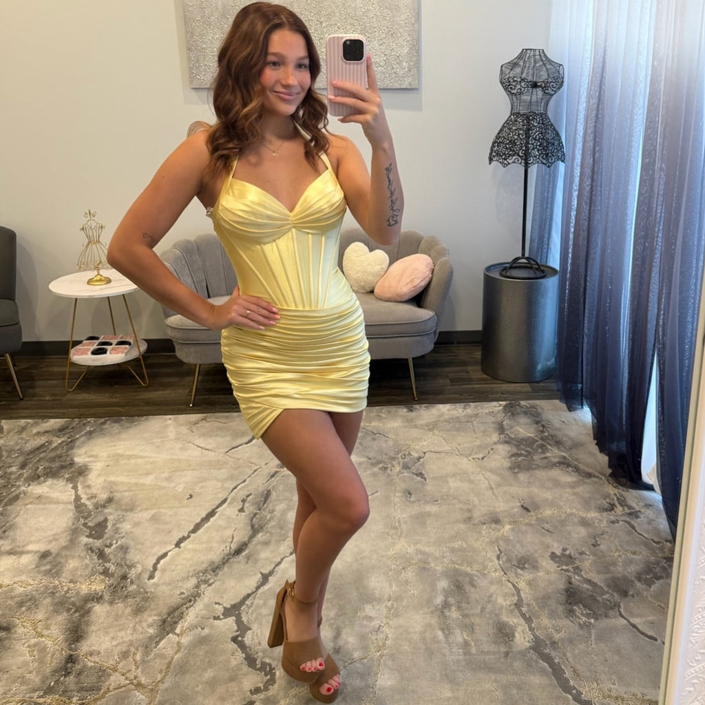 Satin Halter Sweetheart Mini Homecoming Dresses for Teen Corset Ruched Bodycon Graduation Prom Dress (HW141)