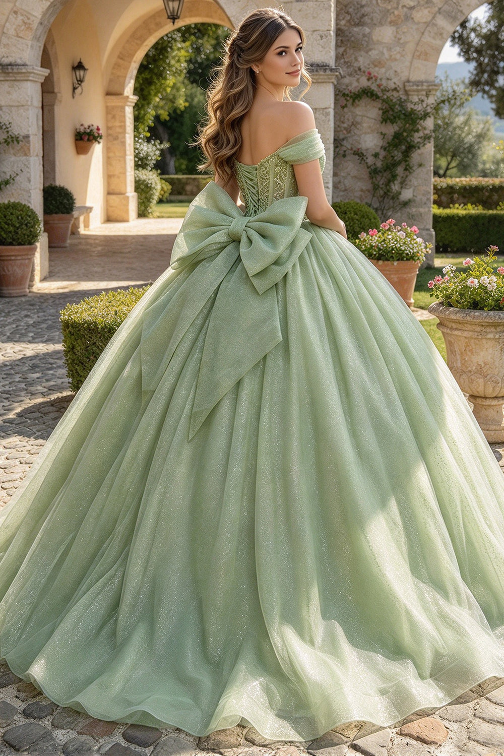 Off Shoulder Quinceanera Dress Beaded Glitter Tulle Ball Gown With Back Bow Sweet 16 Dress (HW344)