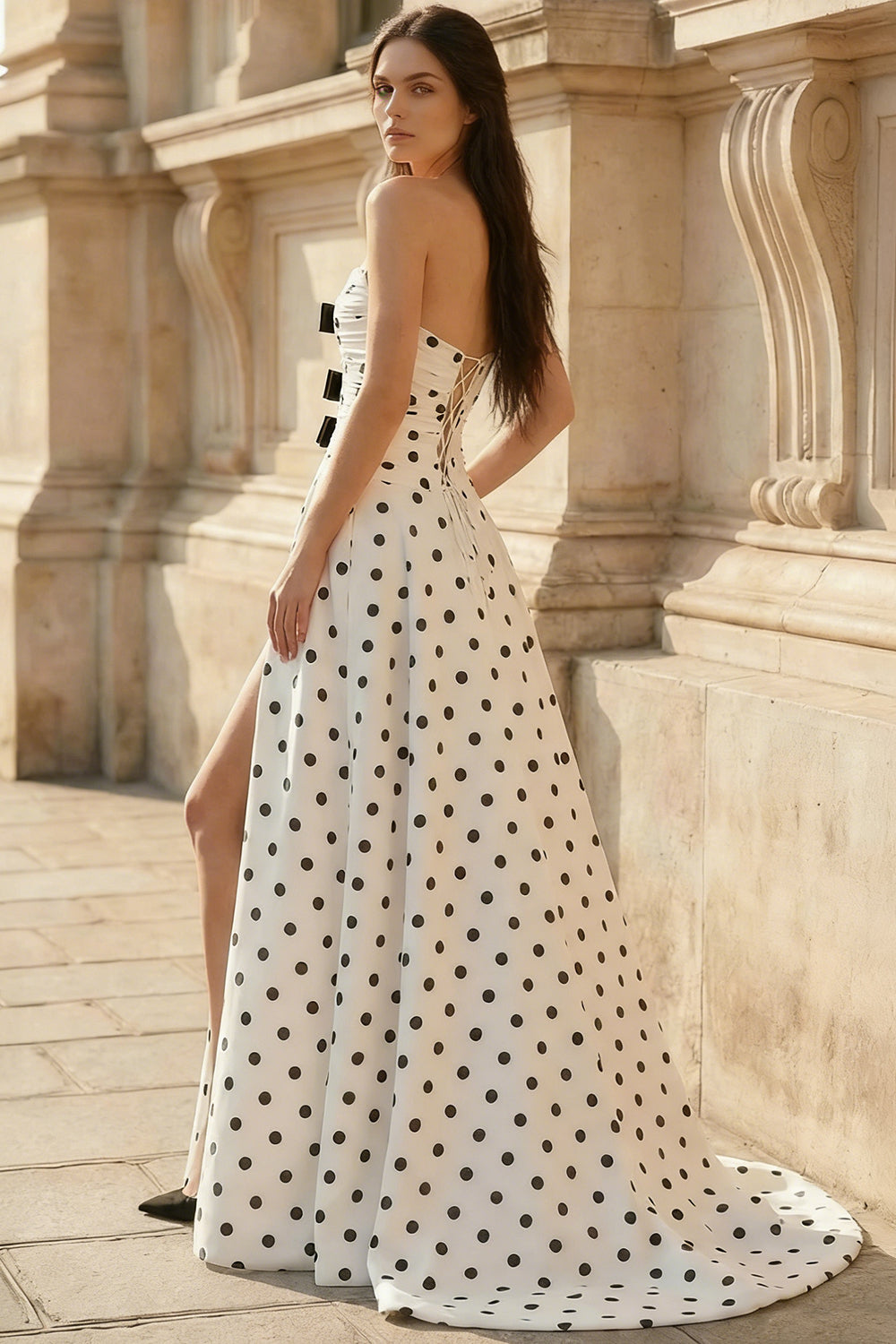 Sweetheart A Line Black Dots Prom Dresses Long Lace Up Evening Party Gowns with Bowknot (HW031)