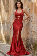 Satin Mermaid Halter Neck Prom Dresses Side Slit Sweetheart Evening Dress Long for Women（HW028)