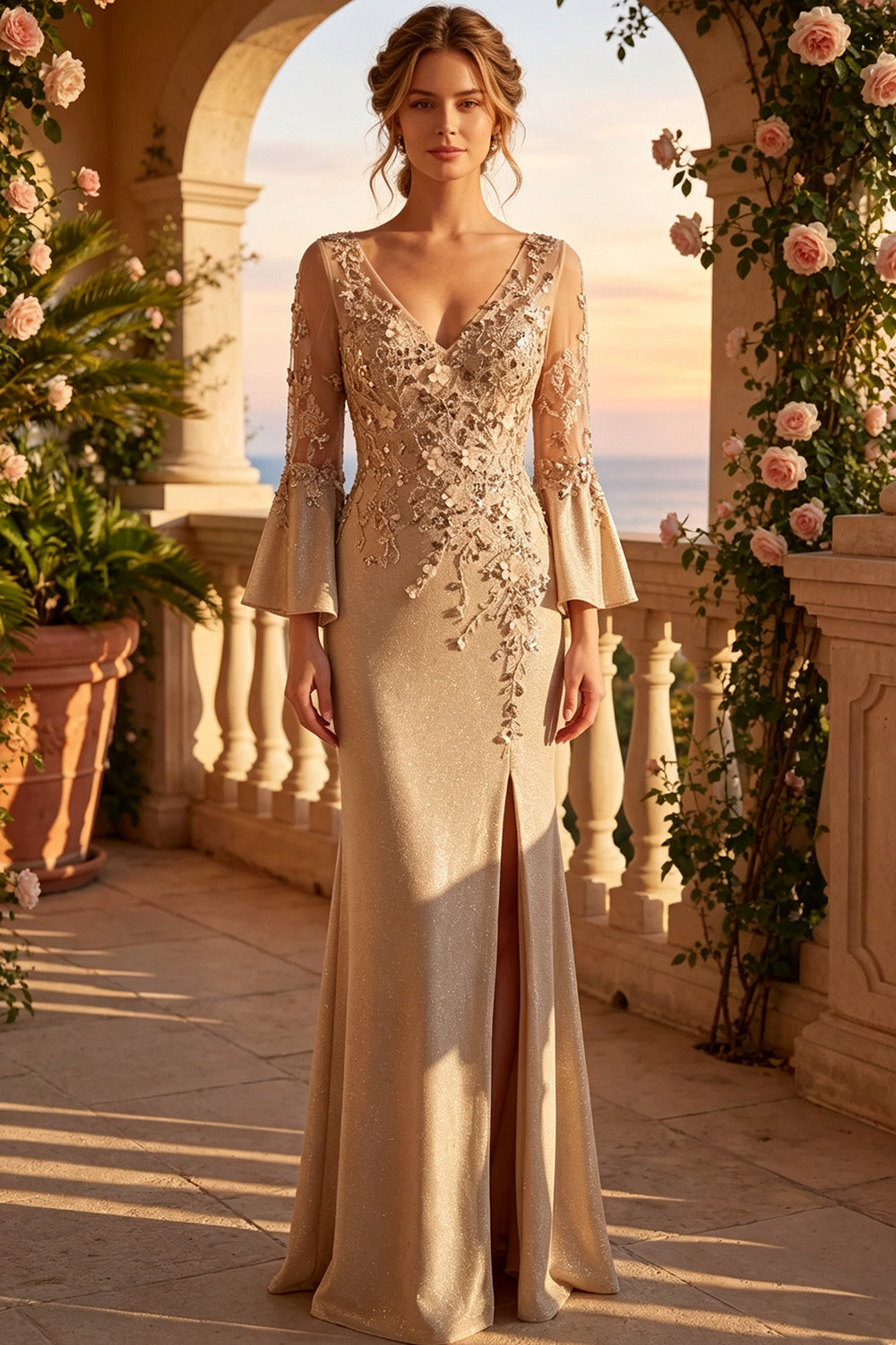 Satin V-Neck Prom Dress Bell Long Sleeves Beaded Lace Appliques Glitter Mermaid Formal Gown With Slit (HW258)