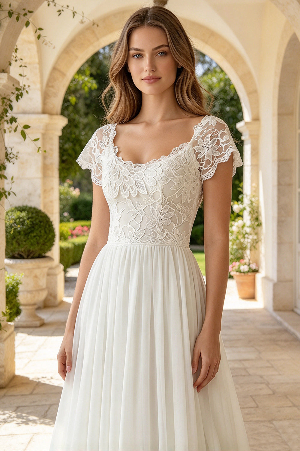 Cap Sleeve Lace Long A Line Wedding Dress Chiffon Low Back with Lace Up Bridal Gown (HW339)