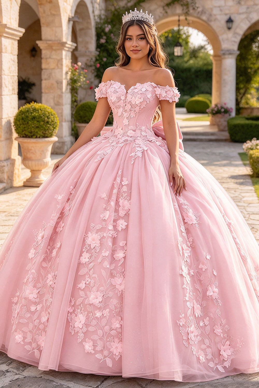 Off Shoulder Quinceanera Dress 3D Floral Lace UP Glitter Tulle Ball Gown with Big Bow (HW341)