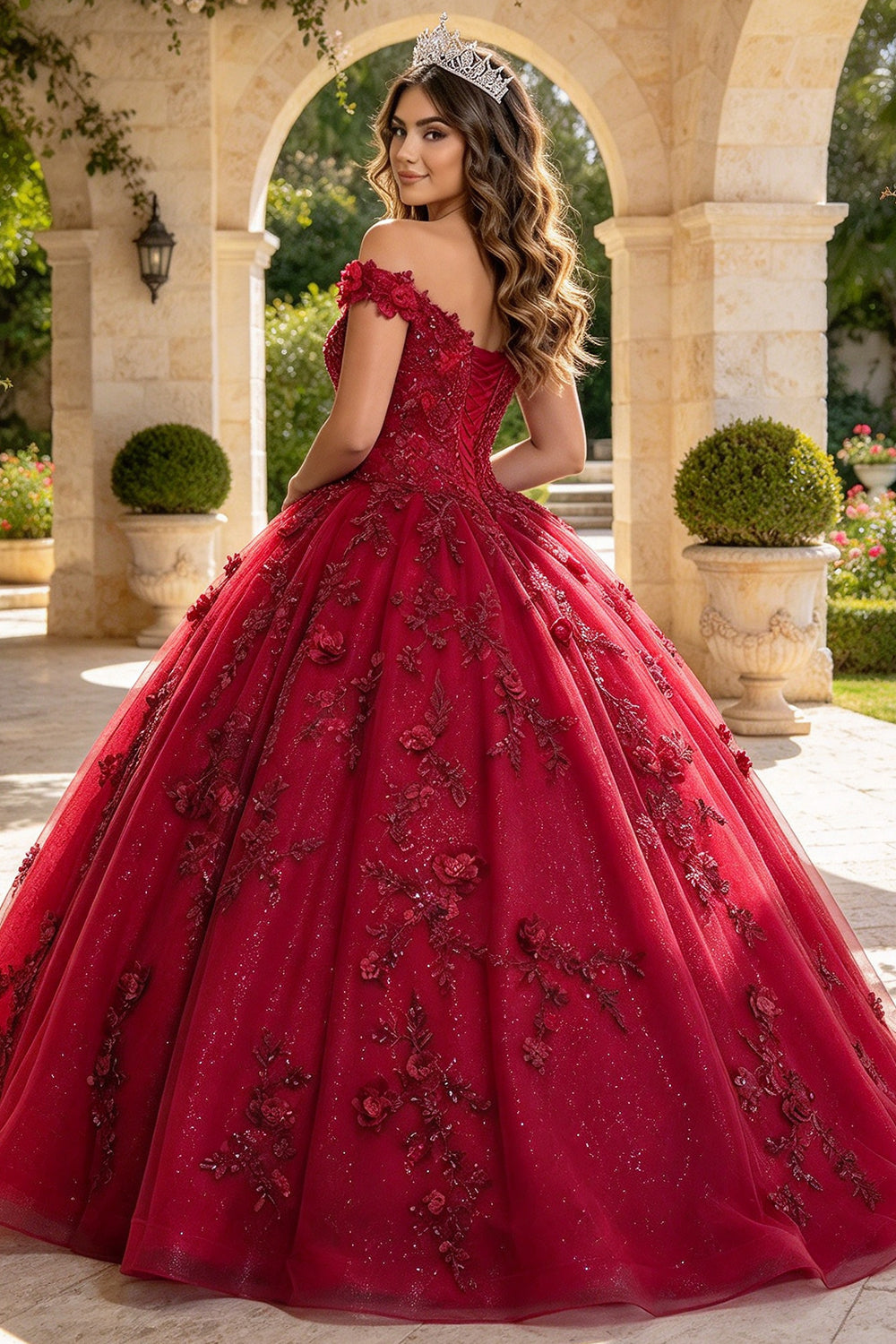 Off The Shoulder Quinceanera Dresses 3D Flower Glitter Tulle Ball Gown Sweet 16 Dress (HW342)