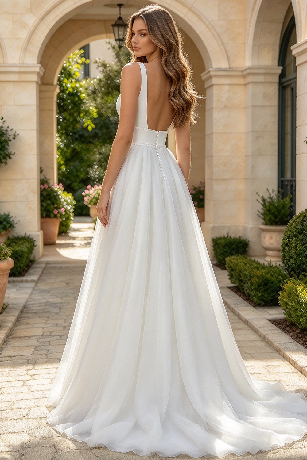 Satin Wedding Dress Open Back Flowy Tulle A Line Bridal Gown With Buttons (HW316)