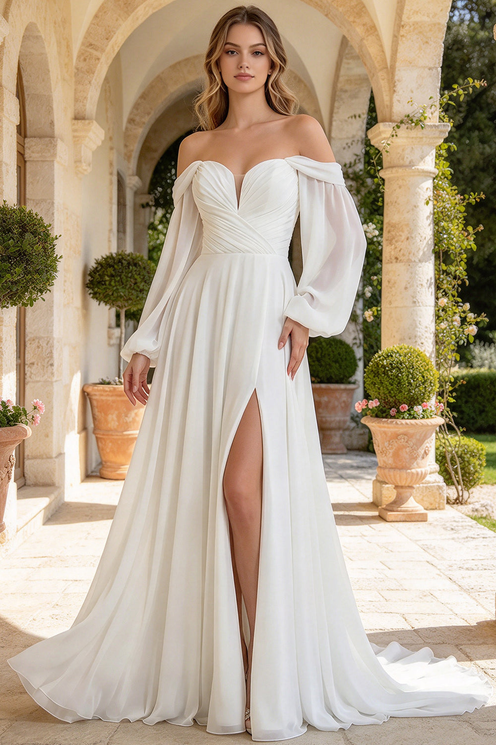 Off The Shoulder Chiffon Wedding Dress Long Sleeves Sweetheart Side Slit with Lace Up Bridal Gown (HW329)