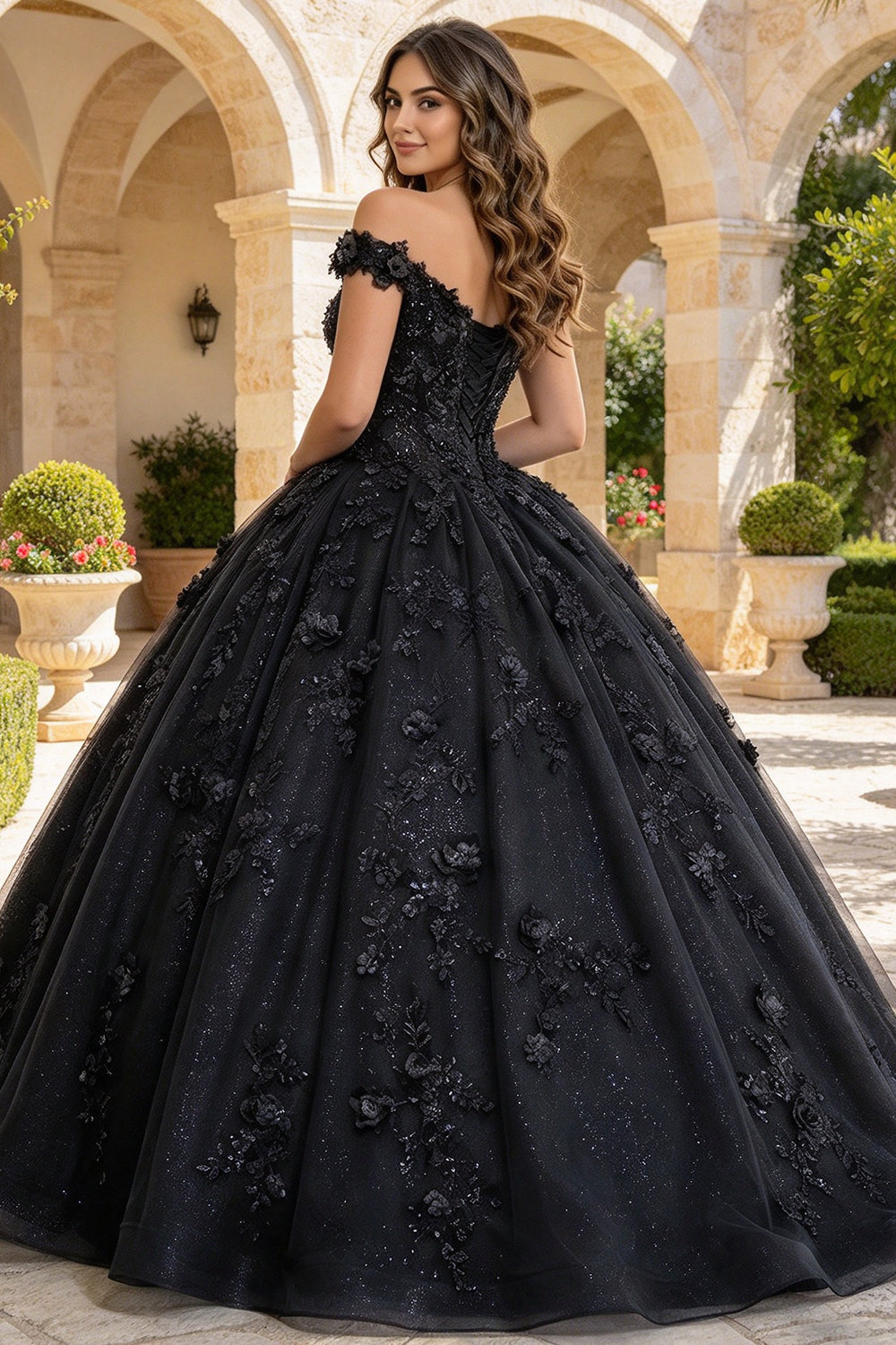 Off The Shoulder Quinceanera Dresses 3D Flower Glitter Tulle Ball Gown Sweet 16 Dress (HW342)