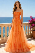 Orange Sweetheart Prom Dress 3D Floral Lace Appliques Tulle A‑Line Formal Evening Gown (HW237)