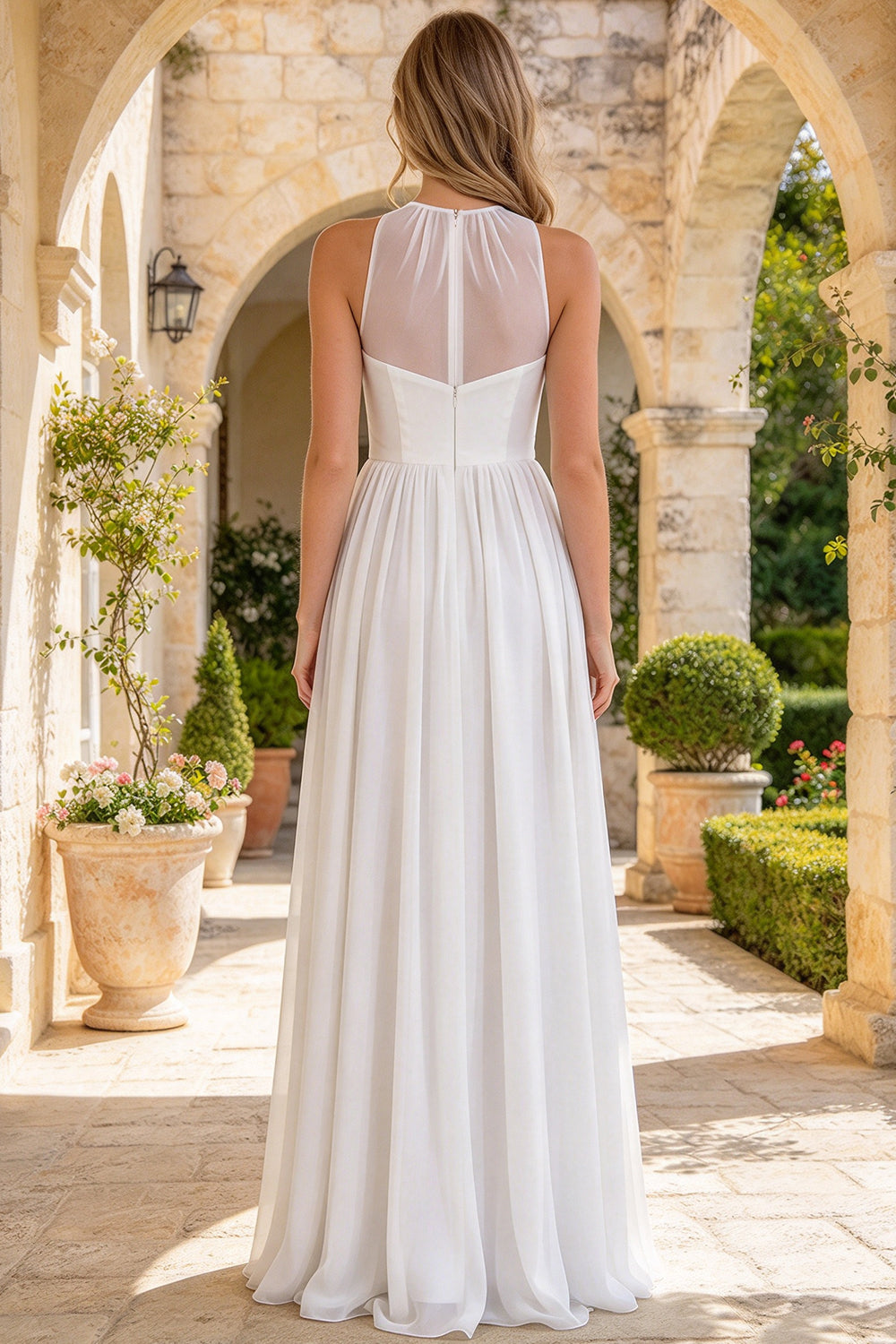 Halter Sheer Neck Chiffon Wedding Dress A Line Flowy Floor Length Bridal Gown (HW337)