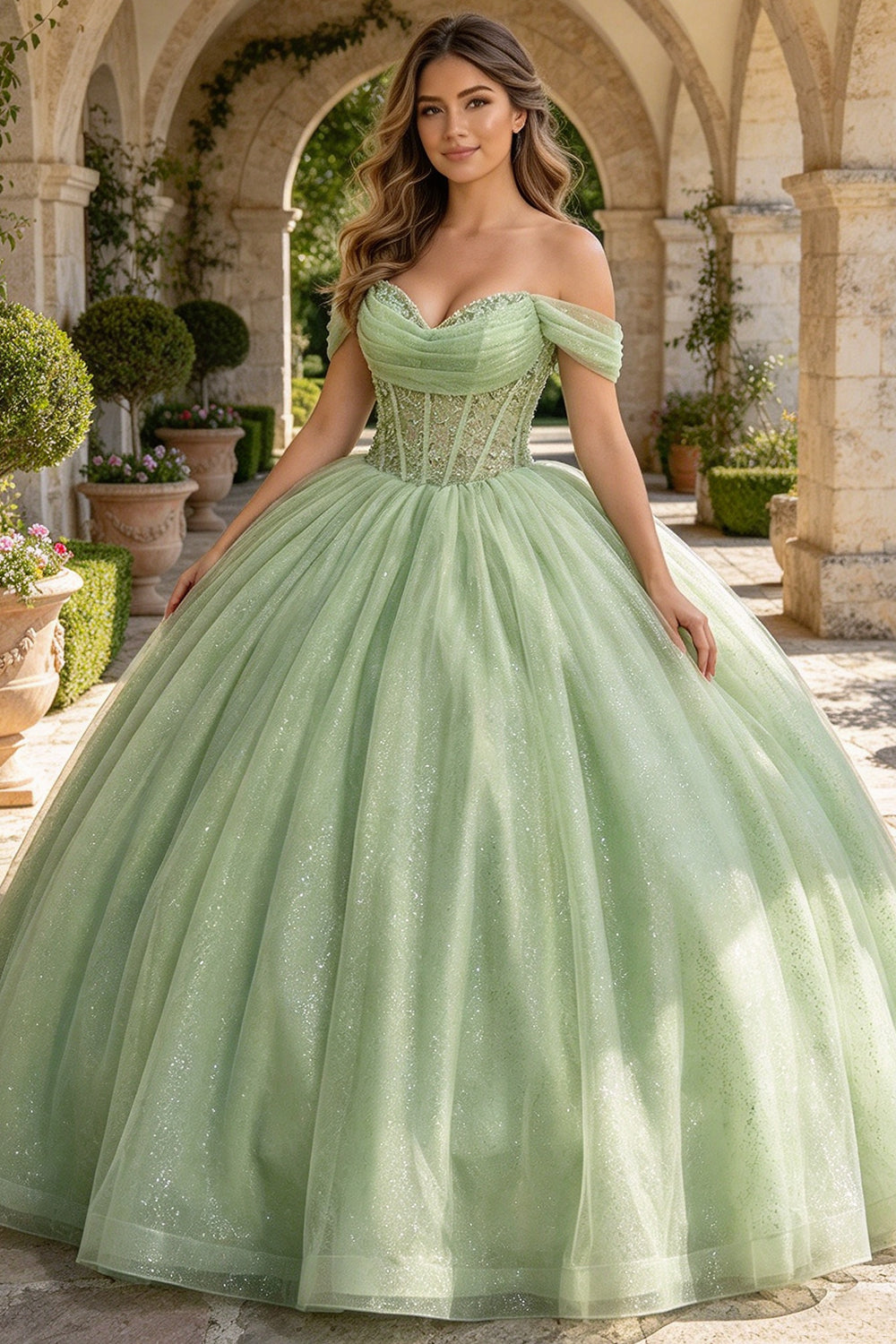 Off Shoulder Quinceanera Dress Beaded Glitter Tulle Ball Gown With Back Bow Sweet 16 Dress (HW344)