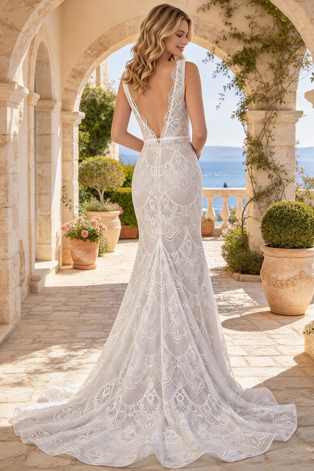 Lace Mermaid Wedding Dress V Neck Sheer Boho Bridal Gown With Scalloped Train (HW319)