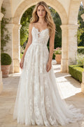 Spaghetti Strap 3D Floral Lace Wedding Dress V Neck Long A Line Tulle Bridal Gown (HW323)