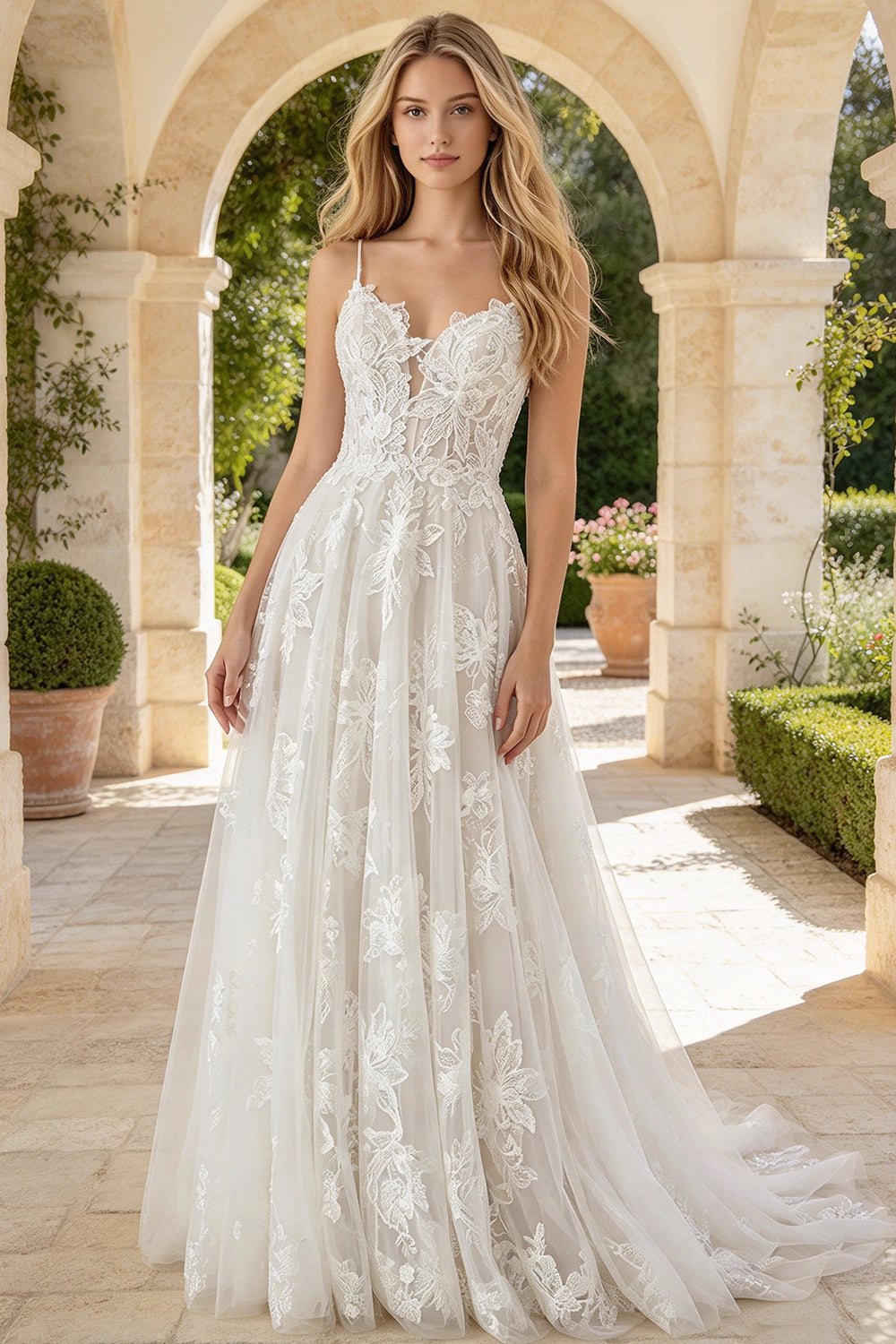 Spaghetti Strap 3D Floral Lace Wedding Dress V Neck Long A Line Tulle Bridal Gown (HW323)