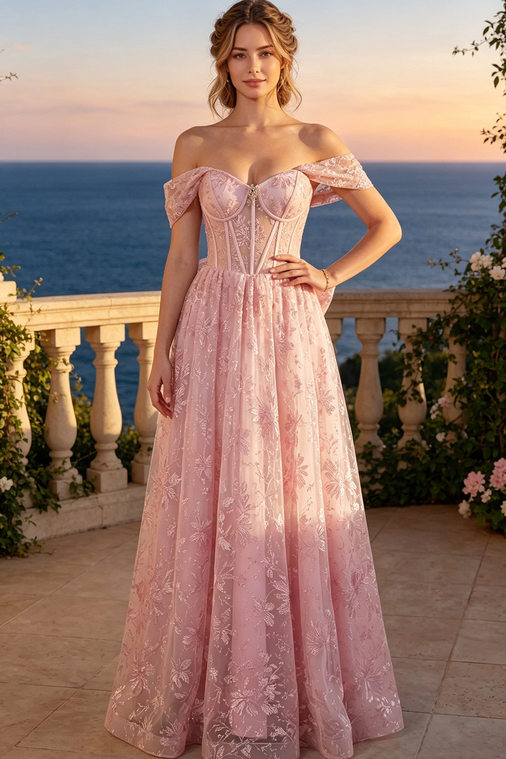 Off The Shoulder Prom Dress Sheer Floral Glitter Tulle A-Line Long Formal Gown With Big Back Bow (HW256)