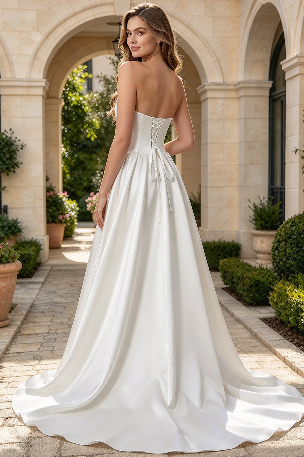 Strapless Draped Satin Wedding Dress Corset Lace Up A-Line Bridal Gown With Train (HW313)