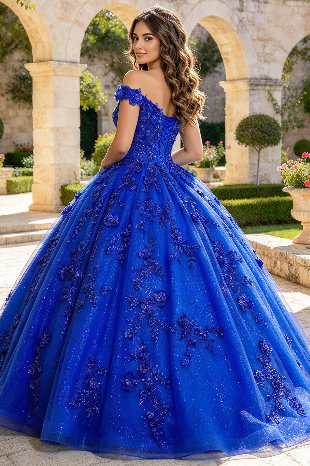 Off The Shoulder Quinceanera Dresses 3D Flower Glitter Tulle Ball Gown Sweet 16 Dress (HW342)