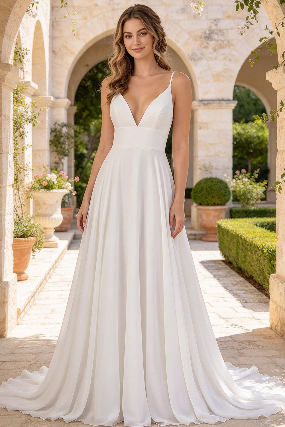 Deep V Spaghetti Strap Chiffon A Line Wedding Dress Lace Plunge Back Button Flowy Bridal Gown (HW327)