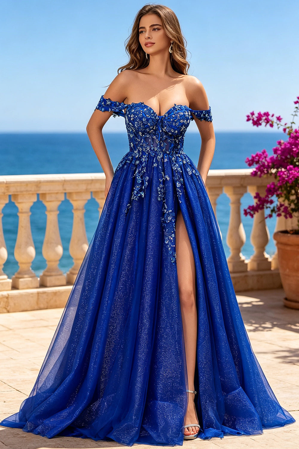 Off‑the‑Shoulder Royal Blue Glitter Tulle Prom Dress Floral Appliques Slit A‑Line Formal Ball Gown (HW242)