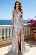 Silver Sequin Halter Mermaid Prom Dress Deep V Neck High Slit Open Back Formal Pageant Gown (HW244)
