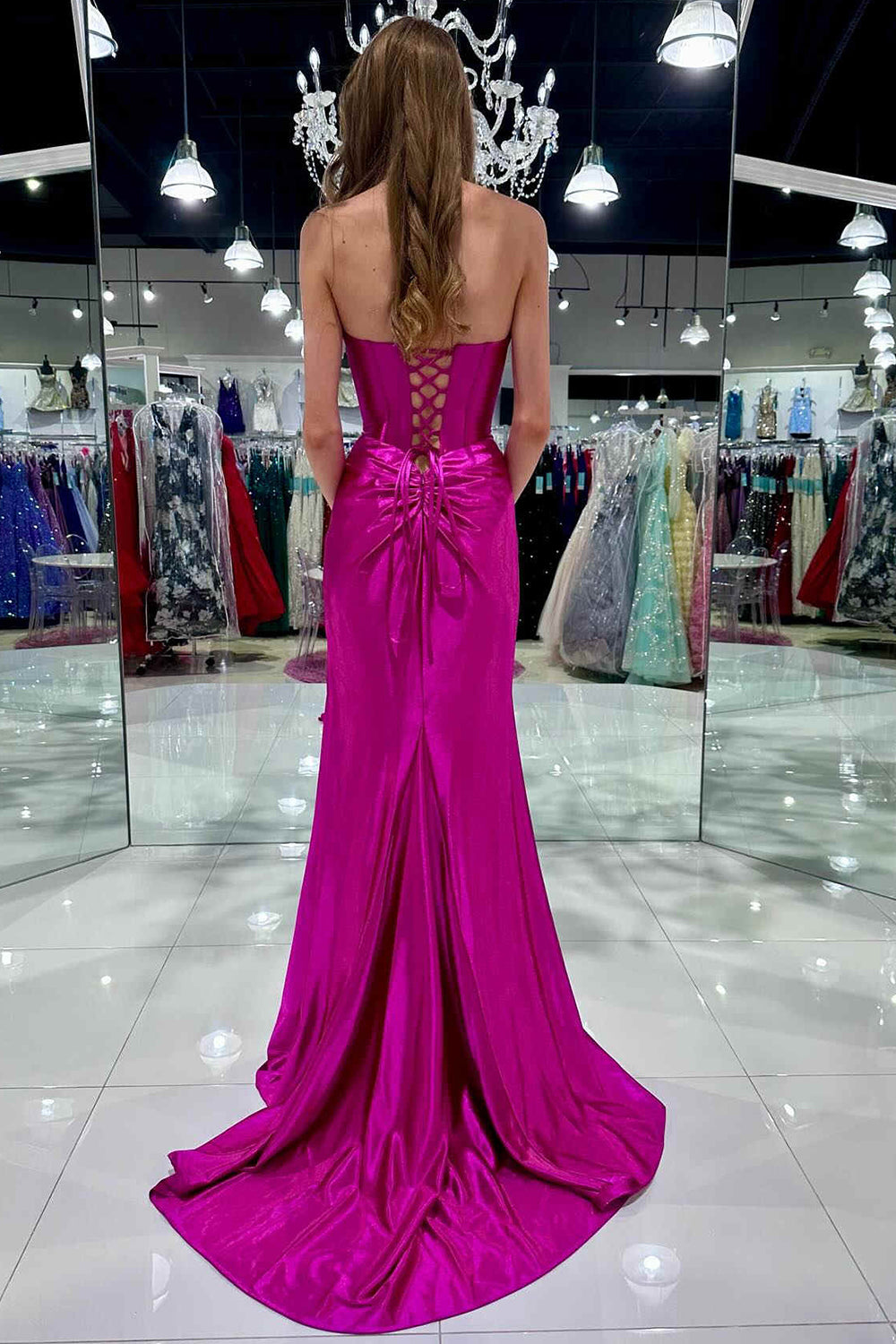 Satin Mermaid Strapless Prom Dresses with Slit Evening Dress Long for Women with Lace Up (HW058)