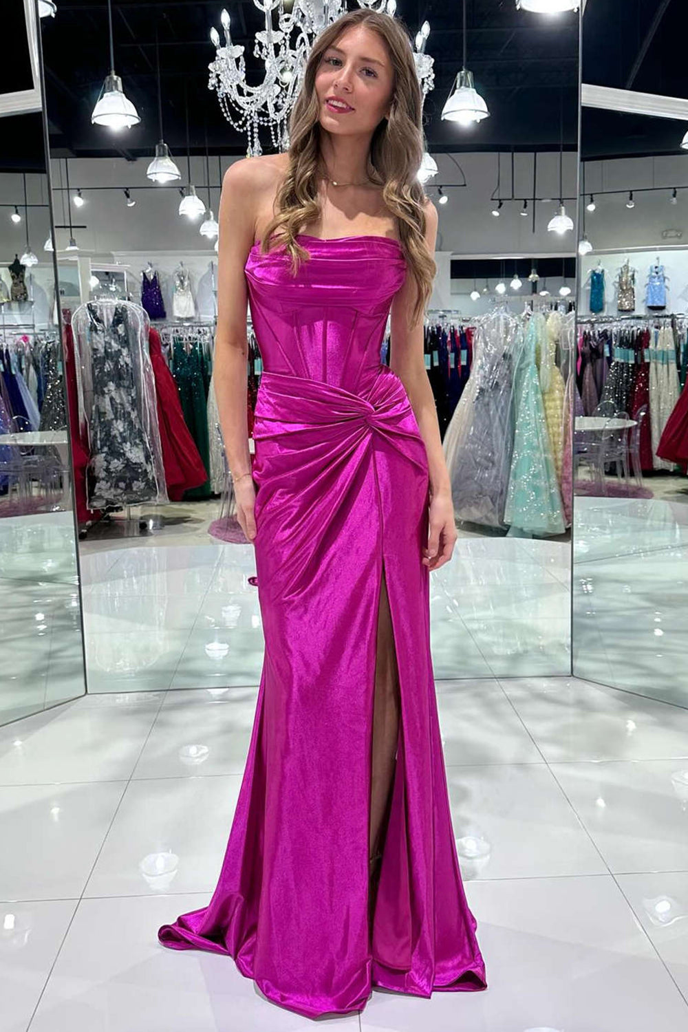 Satin Mermaid Strapless Prom Dresses with Slit Evening Dress Long for Women with Lace Up (HW058)