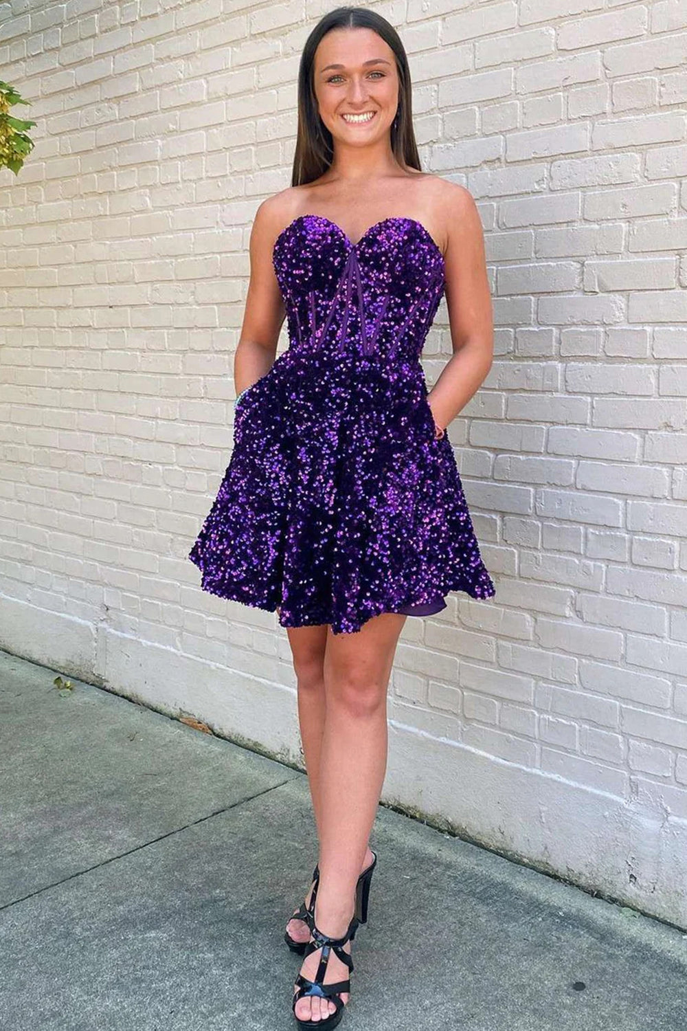 Sequin Strapless A-Line Mini Homecoming Dress for Teen Sweetheart Corset Graduation Prom Cocktail Dress (HW126)