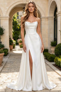 Strapless Satin Wedding Dress Cowl Draped Corset Lace Up Long A Line Bridal Gown With Slit (HW312)